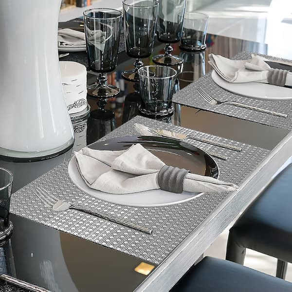 Sett med 6 vaskbare PVC-plastbrikker (glitter grå)