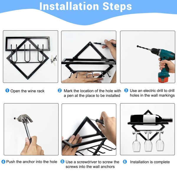 2 stk. Veggmontert Vinstativ i Metall for Vinglass, Sammenleggbart Veggmontert Vinstativ med 3 Holdere for Vinglass, Vinflaskeholder, Svart black（A)
