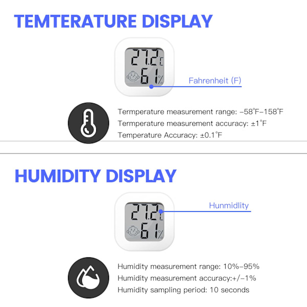Digital hygrometer, Mini inomhus termometer rum termo-hygrometer, noggrann RH-mätare temperaturmonitor för hem sovrum källare kontor växthus