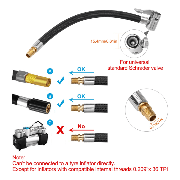 Dekkpumpe slange, inflator kobling trykk på bærbar bil luft dekk chuck inflator pumpe forlengelsesslange adapter rør for sykkel motorsykkel bil