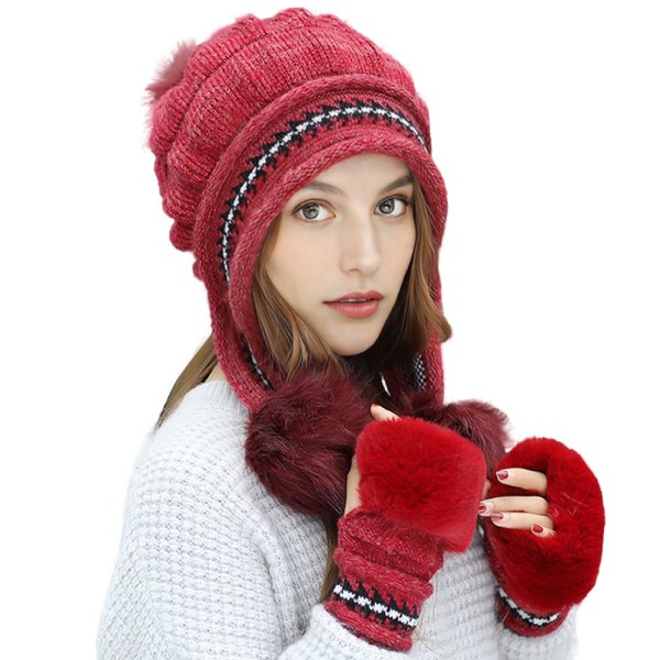 Damehattesett Fluffy vinterlue Strikket lue utendørs plysjfôr russisk lue Pompom øreklaff med hansker, rød red