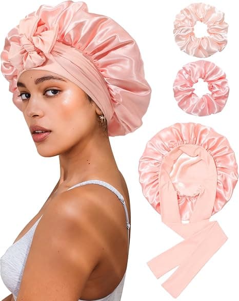 Satin Bonnet för Sömn Kvinnor Dubbellager Hårmössa med 2 st Hårsnoddar Elastiskt Band Nattmössa pink