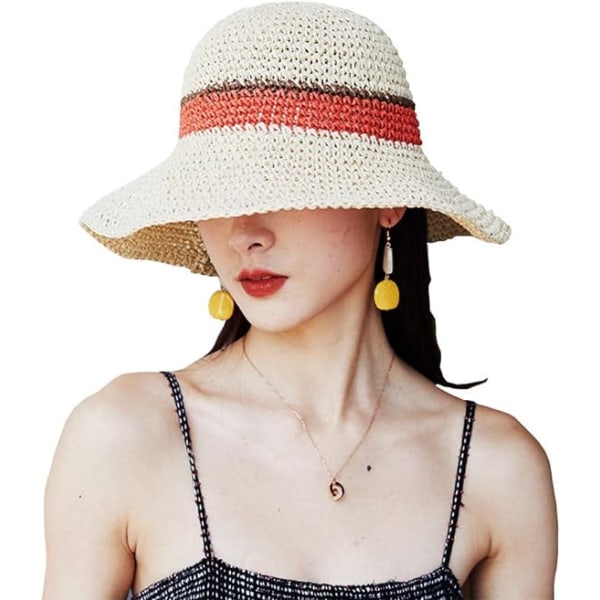 Solhatt Floppy stråhatt Bred skygge Sammenleggbar UV-beskyttelsesbøtte Sommerstrandhatt for jenter Kvinner Beige