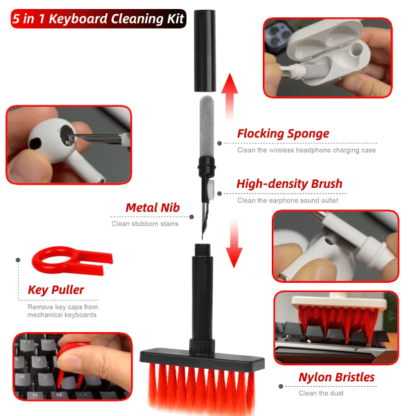 Tastaturrenser Pensel, 5 i 1 Tastatur Rengøring Pensel Kit, Multifunktionel Tastatur Earphone Cleaner med KeyCaps Puller