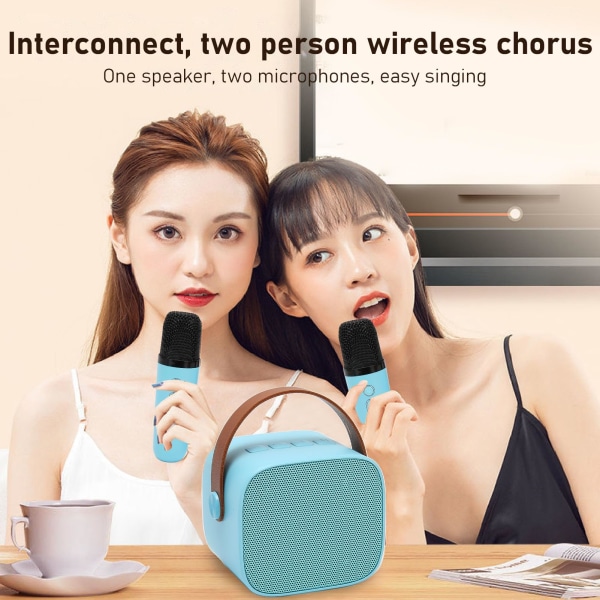 Mini Karaoke Machine Set, Bärbar Stereo Bluetooth -högtalare med 2 trådlösa mikrofoner för barn Vuxna, Upp till 512G lagring, Handhållen mikrofon (blå)