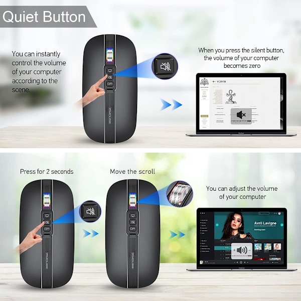 Bluetooth-mus for bærbar PC, slank og stille trådløs reisemus USB C oppladbar 2400 DPI Dual Mode med USB-mottaker black