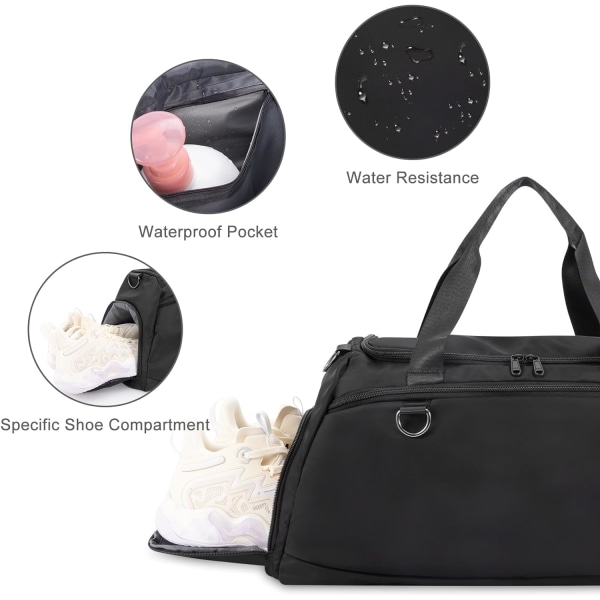 Sports Tote Gym Bag, Cloudgree Rejsetaske til Sport, Fitnesscentre og Weekendture, Vandtæt Rejsetaske med Skoe og Vådt Tøj Rum black