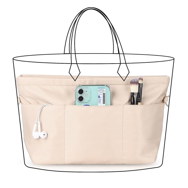 Handbag Organer, Bag Organer, Nylon med nyckelring, innerfickor, vattentät för handväskor Organizer, beige, L
