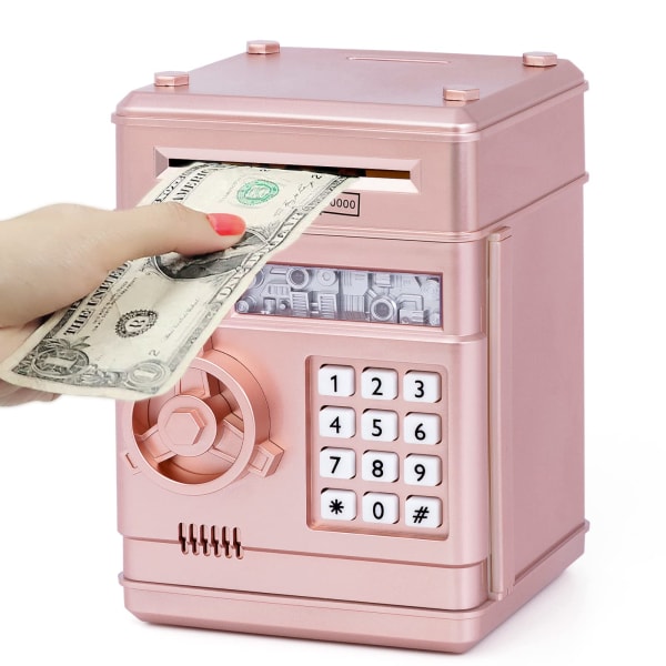 Elektronisk pengabank för barn, lösenordssäker för pengar, rosa guld