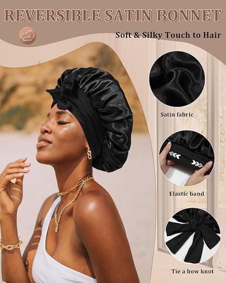 Satin Bonnet för Sömn Kvinnor Dubbellager Hårmössa med 2 st Hårsnoddar Elastiskt Band Nattmössa black
