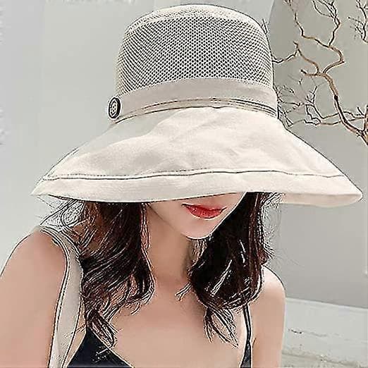 Mesh Solhatte til Kvinder - Upf Uv Beskyttelse - Kan Pakkes Sammen - Bred Skygge - Hagestroplbeige