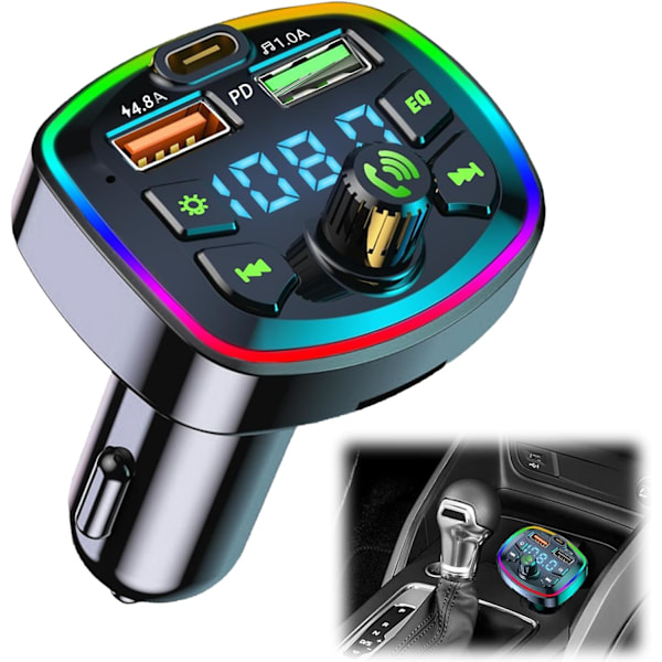 Bluetooth-auton FM-lähetin Bluetooth 5.0 -autotarvikkeet, handsfree-autopuhelin, Bluetooth-automusiikkisovitin, 2 USB + Type C [4.8A + 18W PD]