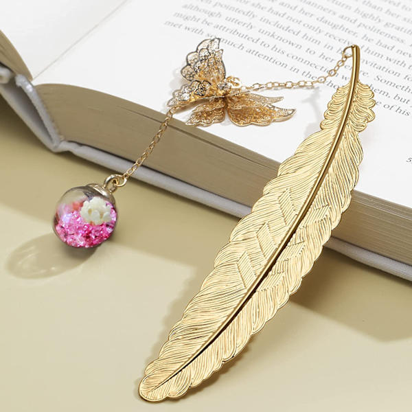 Metal Butterfly Feather Bookmark Gift-Golden.pink White Flower