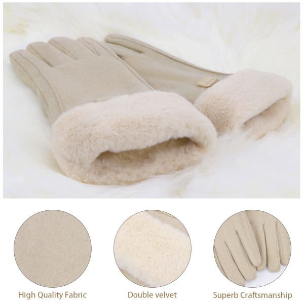 Dame vinter varme touchscreen hansker med fleece foret strikkede vinterhansker for kaldt vær beige