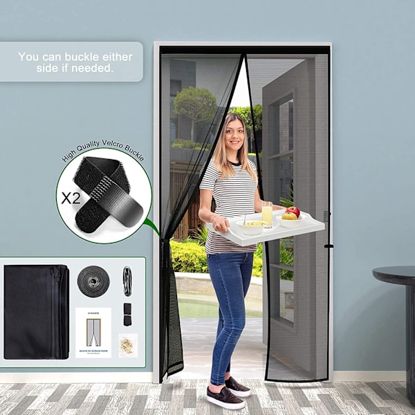 Tykk 100 x 210 cm magnetisk skærmdør, høj densitet mesh, anti-flue, med tape, magnetiske stænger og automatisk lukning, sort.