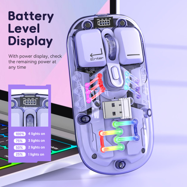 Transparent Trådløs Mus 3 Moduser (BT5.1/BT5.1/2.4G) Bluetooth Mus Stille Oppladbar Silm Bærbar Mus pink