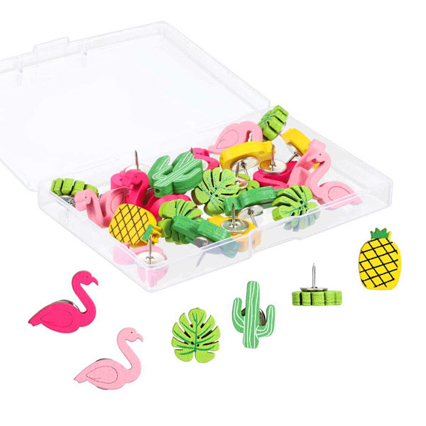 30 st träpushpinnar tummetack pushpinnar dekorativa söta pushpinnar ritpinnar tummetack pushpinnar (flamingo ananas kaktus palmblad)