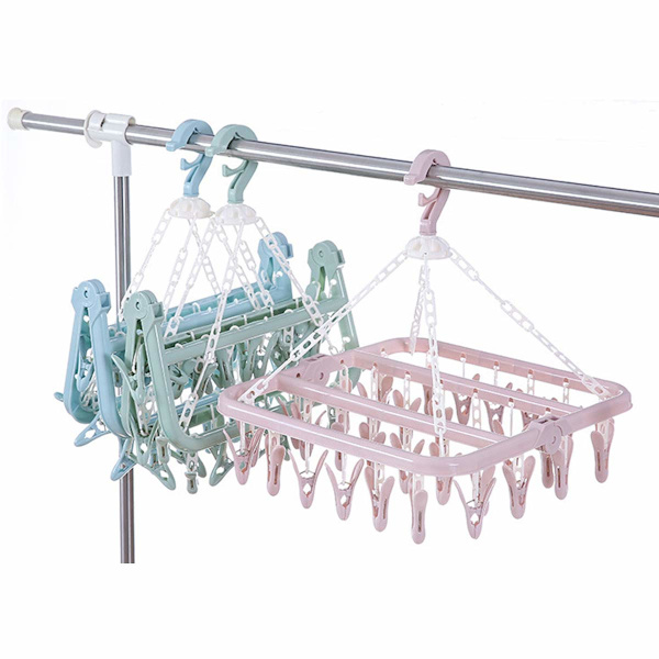 32 Peg Foldable Sokketøj med Klemmer, Drejelig Krog (Blå)