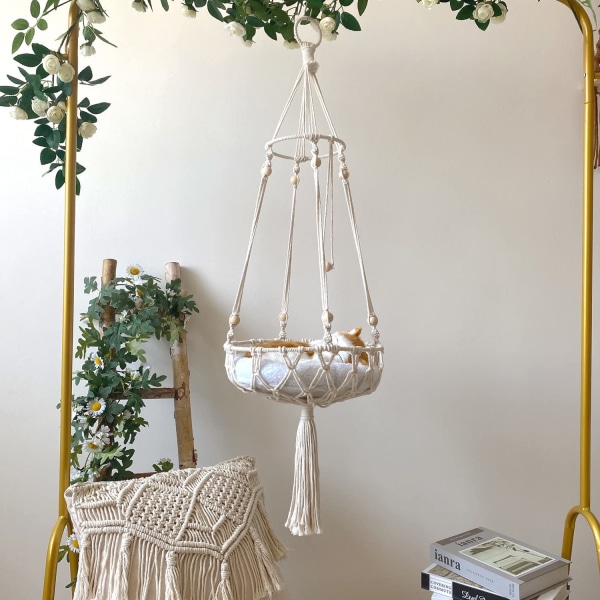 Macrame hängande katthängmatta inomhus bomullsrep tofs kattkorg säng rund kattsäng gunga bo för sova, leka, klättra och slappa