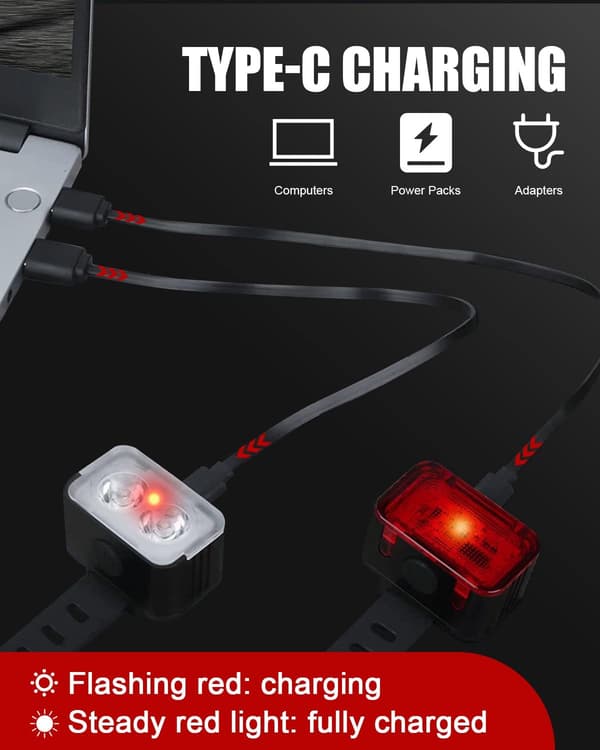 Sykkellys foran og bak, USB-oppladbar vanntett IPX6