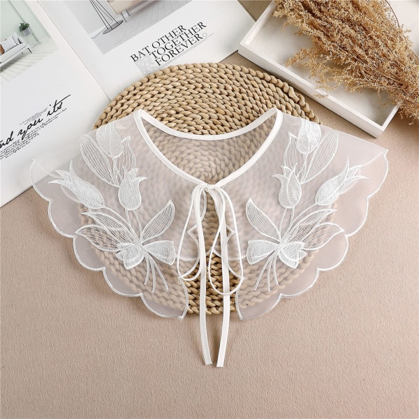 Multilayer Lace Shawl False Collar, Detachable Mini Cape Half Shirt Blouse Fake Collar for Women Girls White Mesh Lace Flower