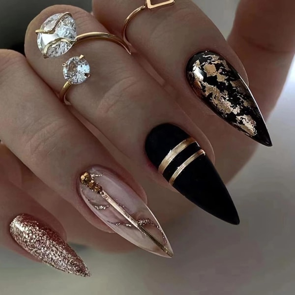 Mandel lösnaglar korta, 24 st svart och guld glitter franska falska naglar, ballerina tryck på naglar med klistermärken för naglar