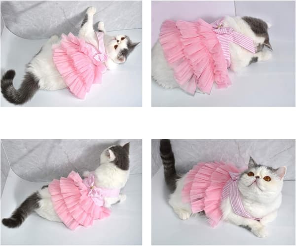 Klänningar för husdjur, hund och katt, klänning med rosett och ränder (S, rosa)