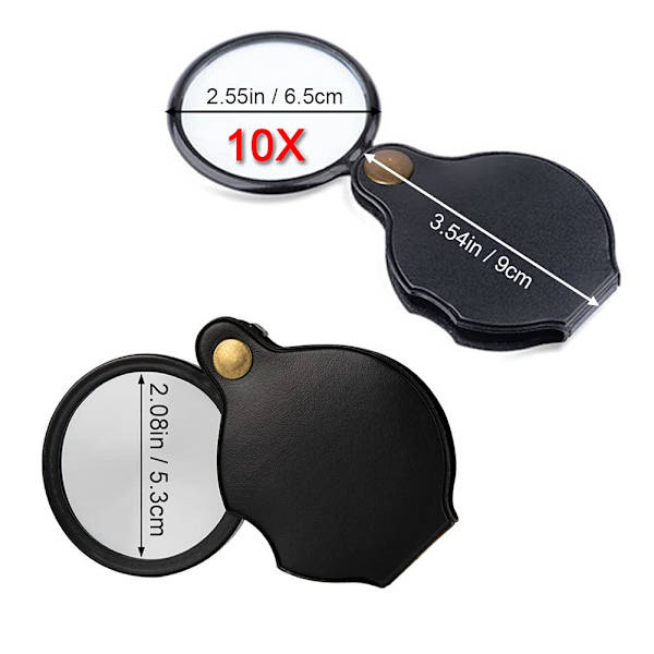 10X fickförstoringsglas, mini hopfällbar förstoringsglas med svart läderfodral 360° roterande förstoringsglas lämplig för att läsa böcker tidskrifter smycken