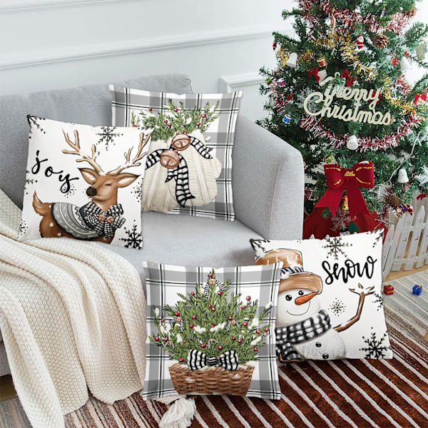 Sæt med 4 julepudebetræk til indretning, 45x45 cm dekorative til sofapudepynt, julepynt, seng, sofa, soveværelse, stol