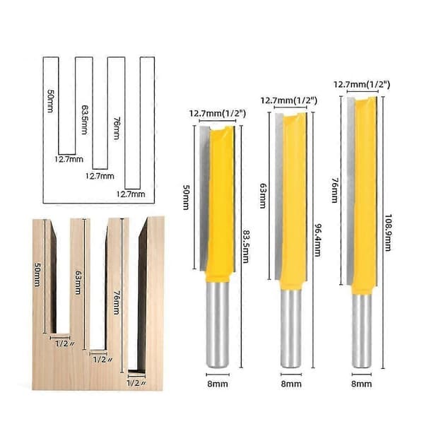 3 stk. 8 mm skaft ekstra lange fresekuttere, trebearbeidingskutter ekstra lang kutter rett endekutter