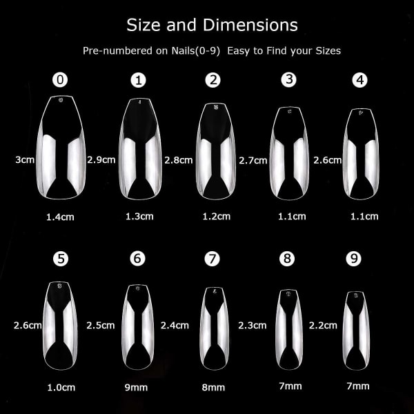 500 stk Trykk på negl Full Cover Clear Long False neglspisser