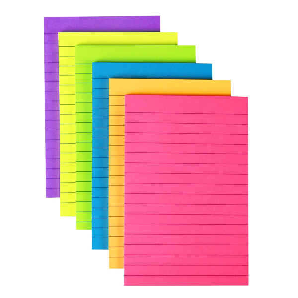 4 tommer x 6 tommer forede Sticky Notes til post, 6 lyse farver selvklæbende sedler, 45 ark pr. blok, 270 ark i alt