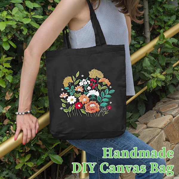 Canvas Tote Bag Broderikit med Blommönster, Konst och DIY Vuxna Korsstygnshantverkssatser, Svart