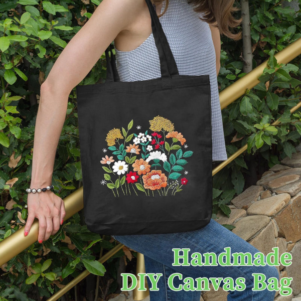 Canvas Tote Taske Broderikit med Blomstermønster, Kunst og DIY Voksne Korssting Håndværkssæt, Sort