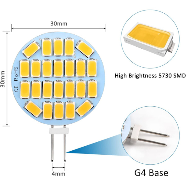 G4 LED 3W, AC12-24V, 300LM Varmvitt 3000K, 24x5730 SMD 6-pack