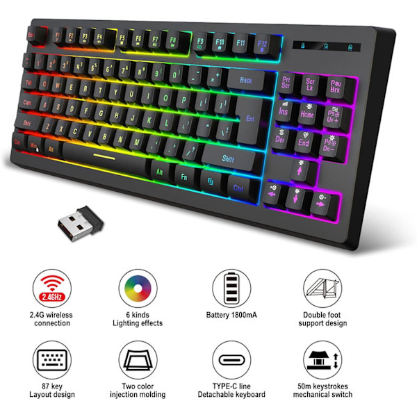 Spel tangentbord 87 tangenter 2.4G trådlös RGB termisk överföring 1800mAh / Windows kompatibel för arbetsdator och hemspel trådlöst tangentbord (svart) black