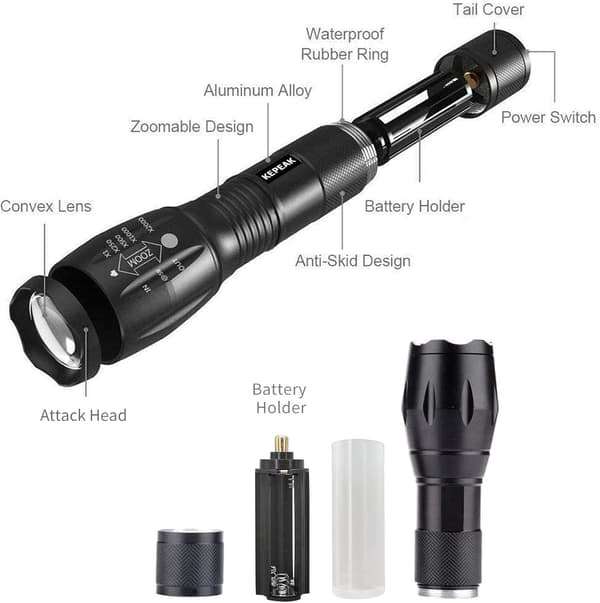LED lommelygte, 5 tilstande taktisk, IPX5 vandafvisende