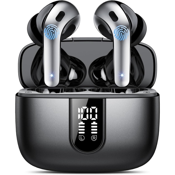 Trådløse øretelefoner, 50 timers spilletid Bluetooth-hovedtelefoner, Bluetooth-hovedtelefoner 5.3, i øret med 4 ENC-opkald Støjreducerende mikrofoner, Bass Boost 85% BLACK