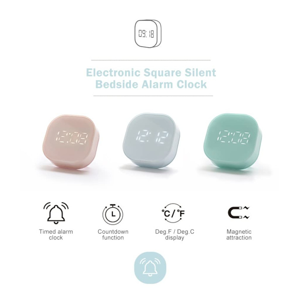 Elektronisk kvadratisk lydløs vækkeur til sengebordet, intelligent temperatursensor, bordur, boligindretning