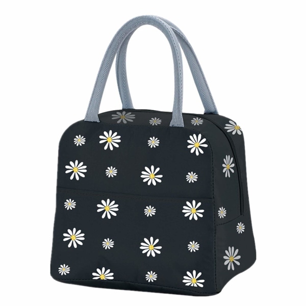 Isoleret frokostpose, bærbar termisk frokostpose køletaske Daisy mønster frokostboks arrangør tote taske arbejde skole picnic camping rejse (sort)