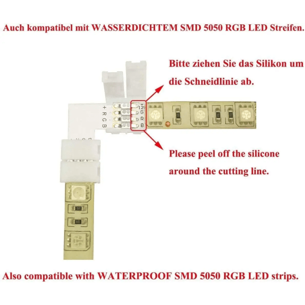 5-pakkaus RGB 5050 LED-nauha L-liittimet 4-napainen 10 mm leveä