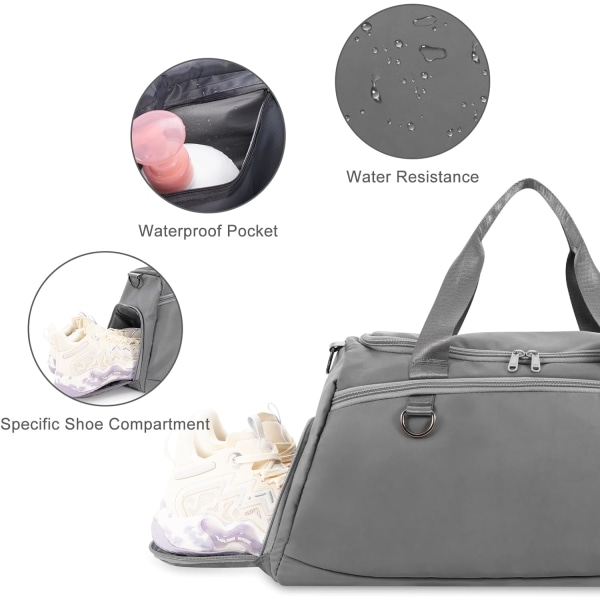 Sports Tote Gym Bag, Cloudgree Rejsetaske til Sport, Fitnesscentre og Weekendture, Vandtæt Rejsetaske med Rum til Sko og Vådt Tøj grey