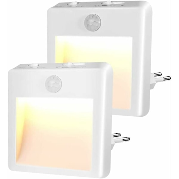 2-pack Nattlampa med Eluttag - Nattlampa med Rörelsesensor - Justerbar Ljusstyrka, LED Nattlampa (Varm/Kall Vit - Justerbar)