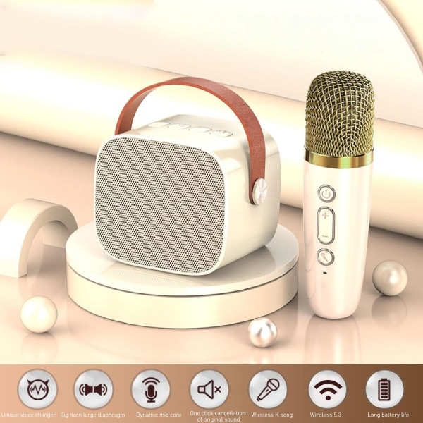 Mini Karaoke -kone Set, kannettava stereo Bluetooth -kaiutin 2 langattomalla mikrofonilla lapsille ja aikuisille, jopa 512 Gt tallennustilaa, kädessä pidettävä mikrofoni (valkoinen)