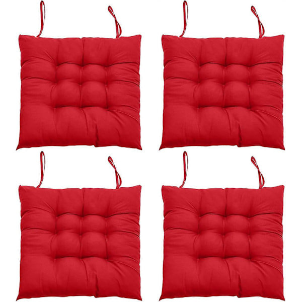 4-delt Sæt af Spisebordsstol-Sæde Puder, 40 x 40cm Komfortable Spisebordsstol-Puder, Køkkenstol-Puder med Bindestropper (Rød) red