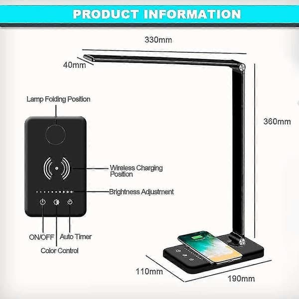 LED-skrivebordslampe med trådløs opladning, sort, 33*12*39 cm