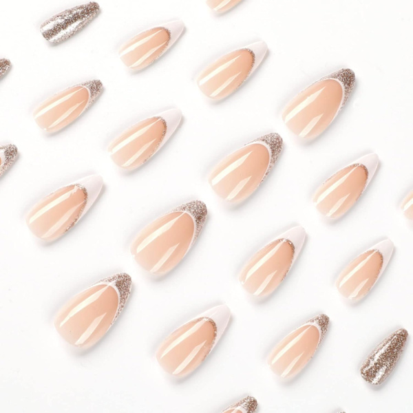 24 stk gull glitter mandel korte falske negler mønster, melkehvit fransk trykk på negler, trendy nude falske negler korte