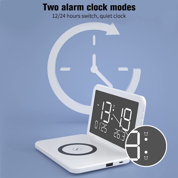 Trådløs lader vekkerklokke, multifunksjonell elektronisk kalender vekkerklokke temperatur digital vekkerklokke, med kosmetisk speil