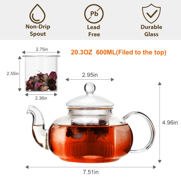 Glas tekanna spishäll säker, klar tekanna med löstagbar infuser