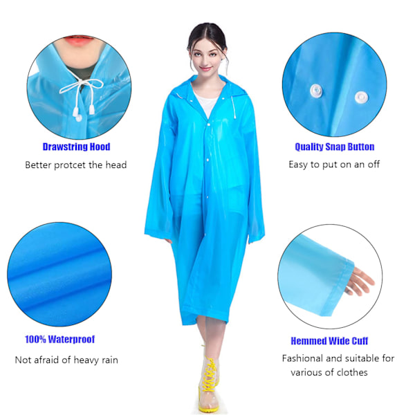 EVA Regnponchos för Vuxna, 2-Pack Återanvändbara Regnrockar med Huvor och Ärmar Lätt Regnjacka, Blå blue